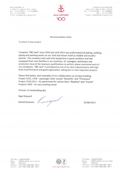 Recommendation Letter "Riga Shipyard"